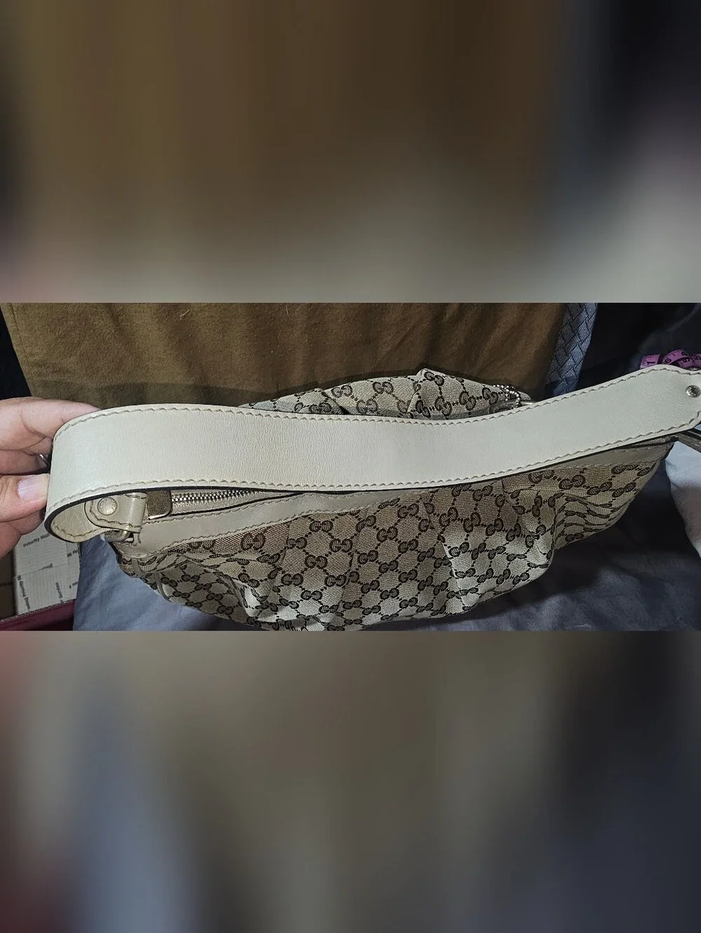 Authentic Gucci Beige Monogram Canvas Sukey Shoulder Bag with Ivory Trim Vintage